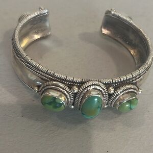 Turquoise and silver three stone cuff bracelet